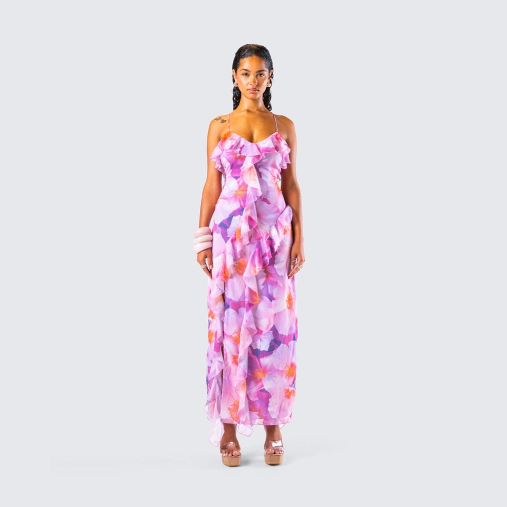 Finesse Kenya Pink Floral Ruffle Maxi Dress M CR4-28